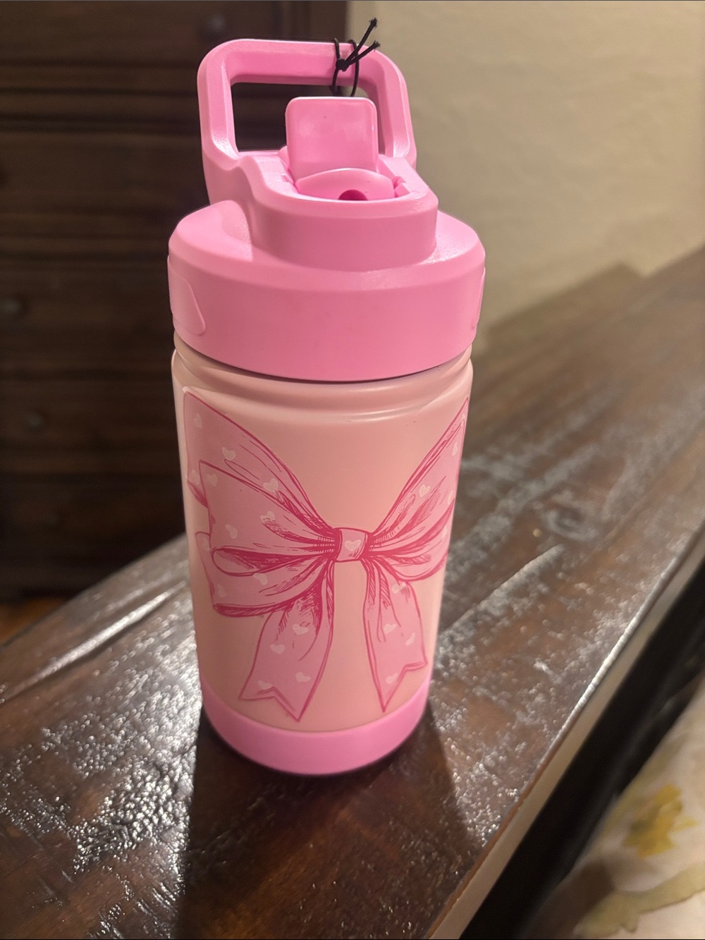 Pink Bow Kids Water Bottle with Flip Straw and Handle